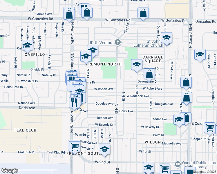 map of restaurants, bars, coffee shops, grocery stores, and more near 914 West Robert Avenue in Oxnard