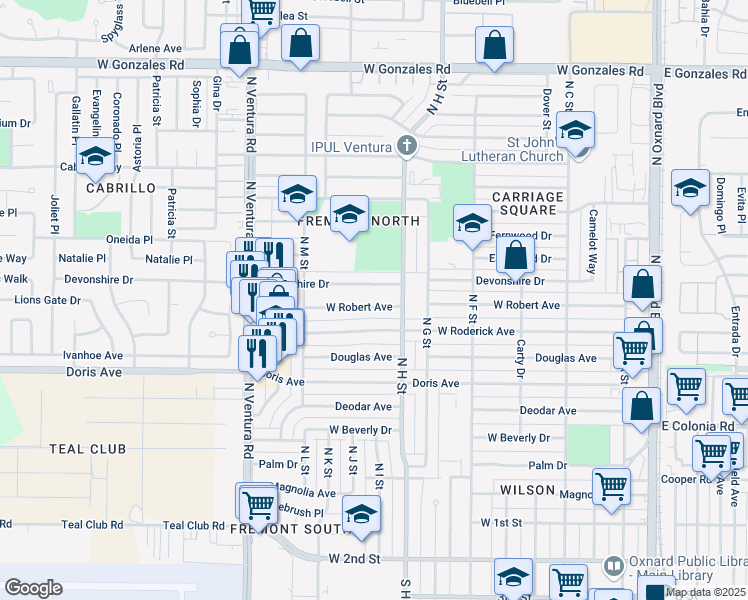 map of restaurants, bars, coffee shops, grocery stores, and more near 914 West Robert Avenue in Oxnard
