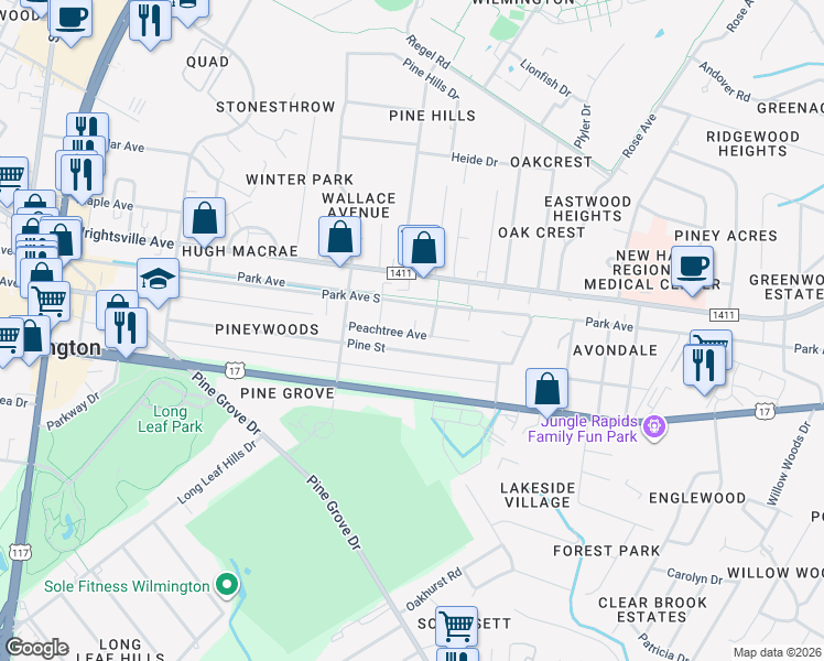 map of restaurants, bars, coffee shops, grocery stores, and more near 5021 Pine Street in Wilmington