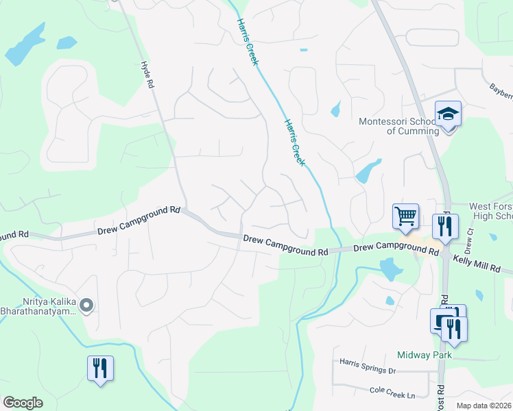 map of restaurants, bars, coffee shops, grocery stores, and more near 3830 Balas Street in Cumming