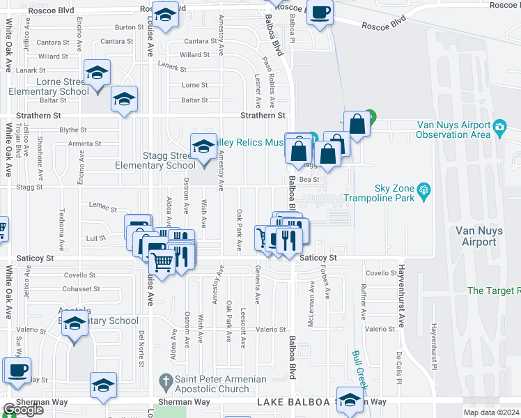 map of restaurants, bars, coffee shops, grocery stores, and more near 7718 Genesta Avenue in Los Angeles