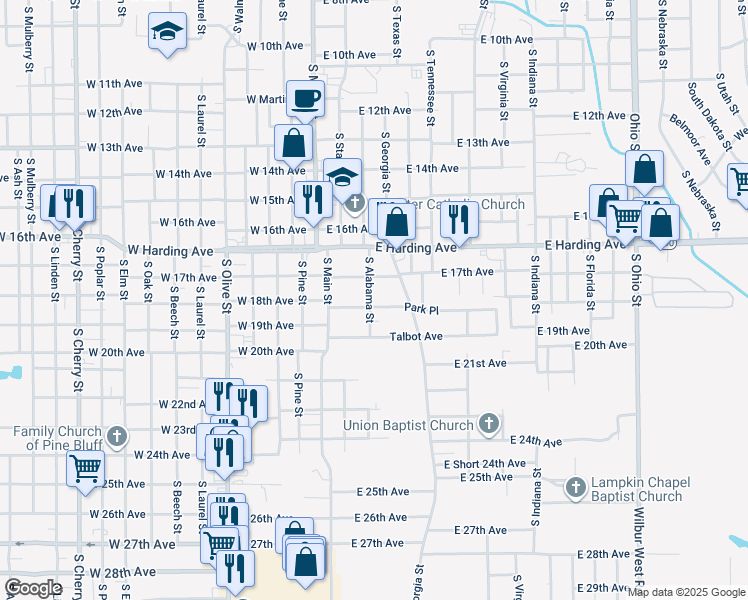 map of restaurants, bars, coffee shops, grocery stores, and more near 205 Park Place in Pine Bluff