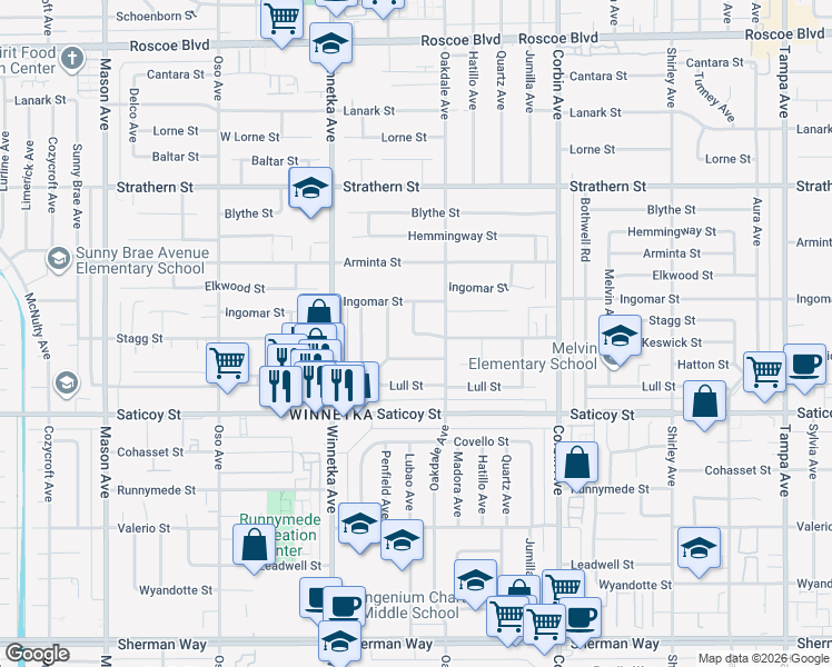 map of restaurants, bars, coffee shops, grocery stores, and more near Lubao Avenue in Los Angeles