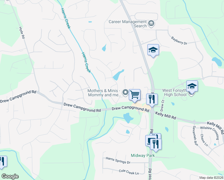 map of restaurants, bars, coffee shops, grocery stores, and more near 3610 Davyne Bend in Cumming