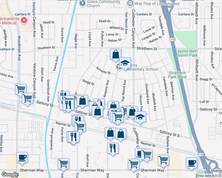 map of restaurants, bars, coffee shops, grocery stores, and more near 7725 Ethel Avenue in Los Angeles