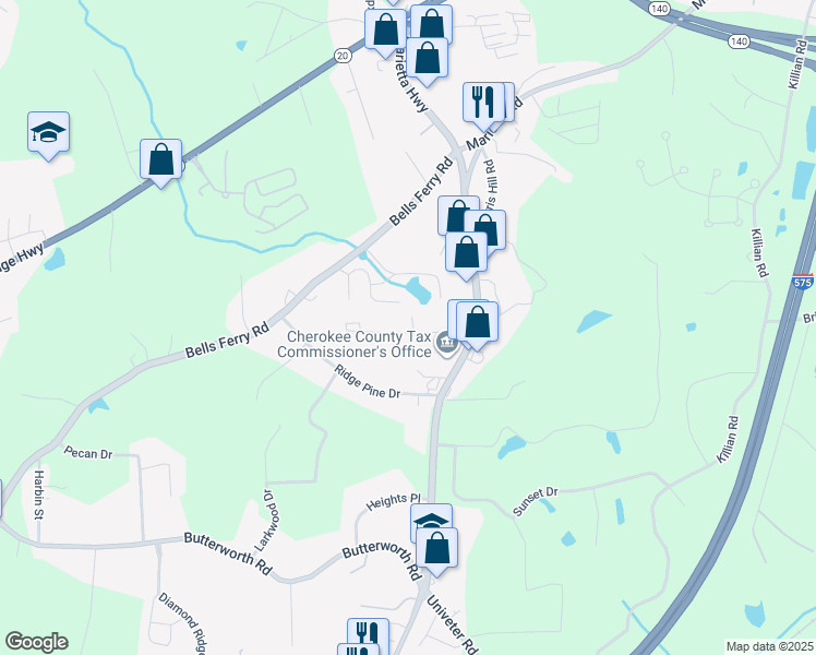 map of restaurants, bars, coffee shops, grocery stores, and more near 202 Woodland Way in Canton