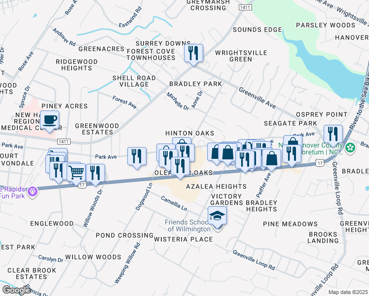 map of restaurants, bars, coffee shops, grocery stores, and more near 109 Hinton Avenue in Wilmington