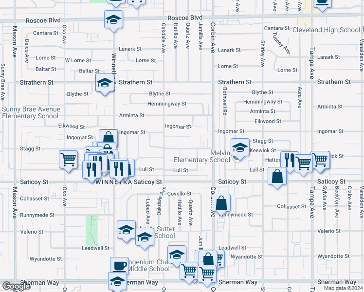 map of restaurants, bars, coffee shops, grocery stores, and more near 19821 Stagg Street in Los Angeles