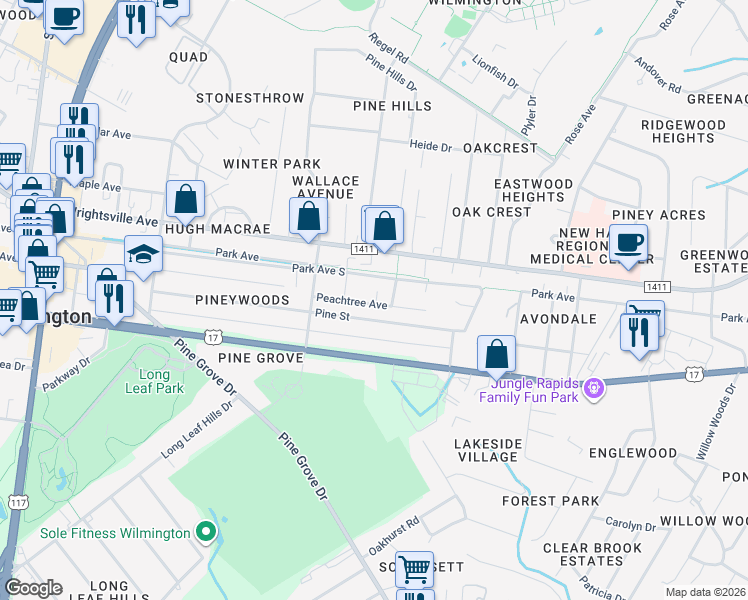 map of restaurants, bars, coffee shops, grocery stores, and more near 5021 Pine Street in Wilmington
