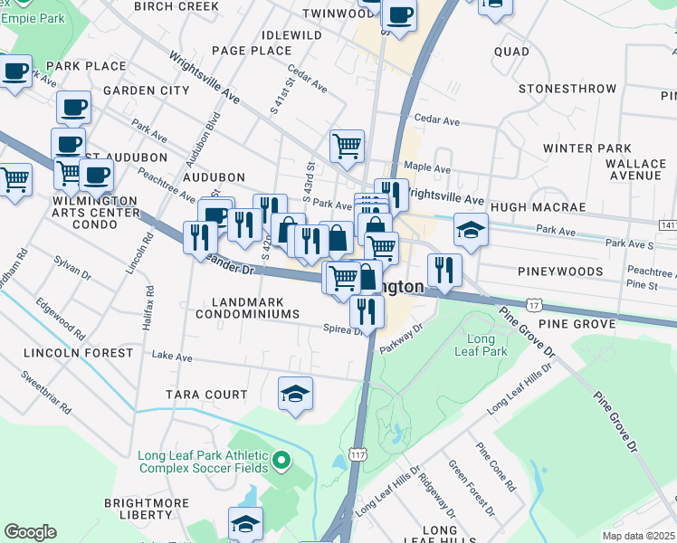 map of restaurants, bars, coffee shops, grocery stores, and more near 4400 Oleander Drive in Wilmington