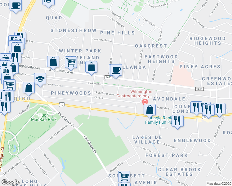 map of restaurants, bars, coffee shops, grocery stores, and more near 102 Donna Avenue in Wilmington