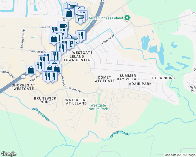 map of restaurants, bars, coffee shops, grocery stores, and more near 5050 Tradeway Drive in Leland