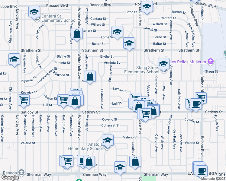 map of restaurants, bars, coffee shops, grocery stores, and more near 17450 Lemac Street in Los Angeles