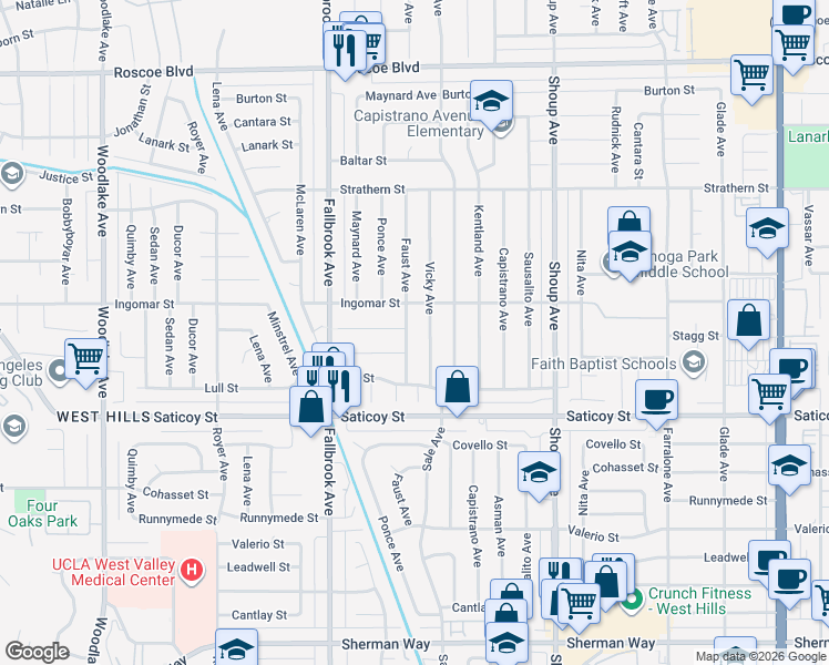 map of restaurants, bars, coffee shops, grocery stores, and more near 7728 Faust Avenue in Los Angeles
