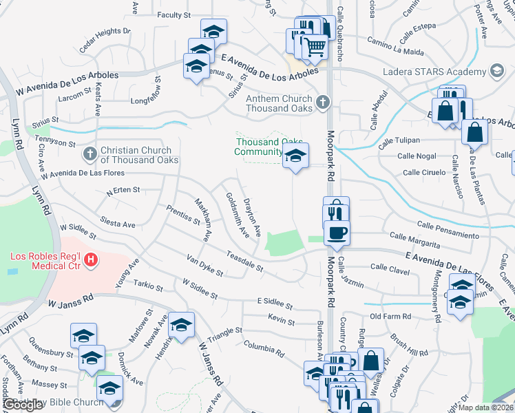 map of restaurants, bars, coffee shops, grocery stores, and more near 2340 Aldrich Circle in Thousand Oaks