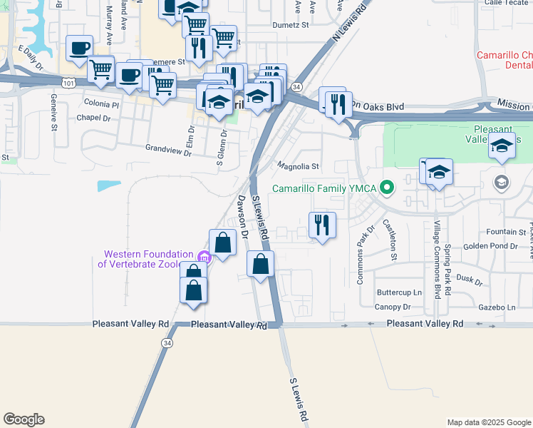 map of restaurants, bars, coffee shops, grocery stores, and more near 1300 California 34 in Camarillo