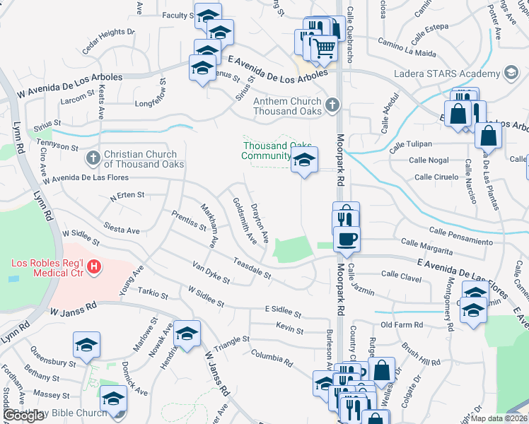 map of restaurants, bars, coffee shops, grocery stores, and more near 2340 Aldrich Circle in Thousand Oaks
