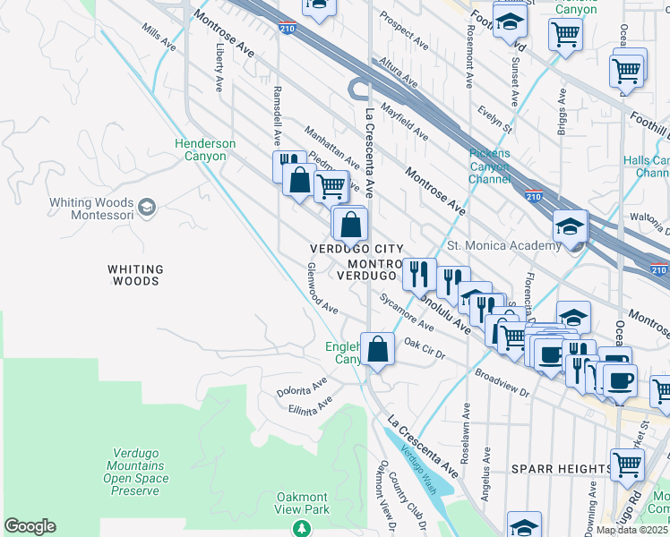 map of restaurants, bars, coffee shops, grocery stores, and more near 2842 Sycamore Avenue in Glendale