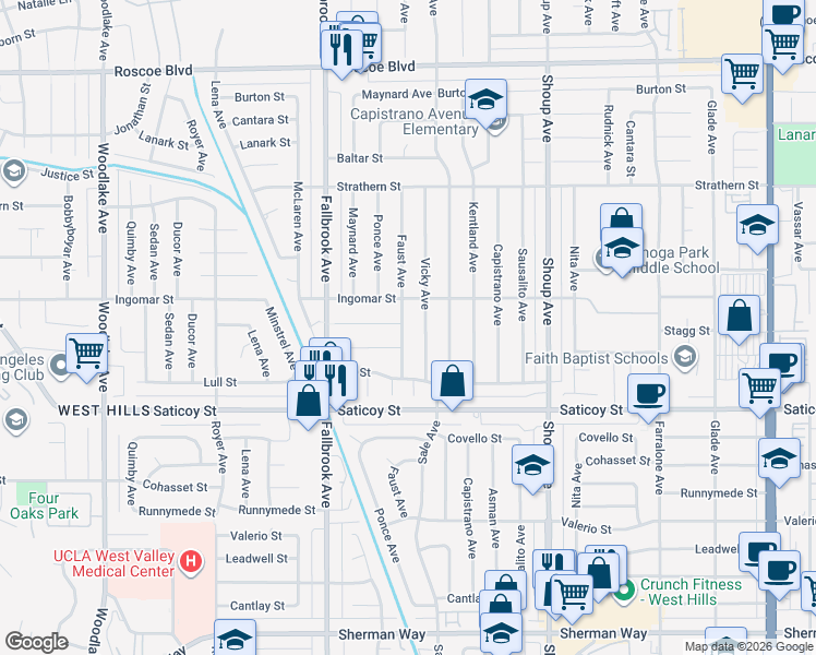 map of restaurants, bars, coffee shops, grocery stores, and more near 7728 Faust Avenue in Los Angeles