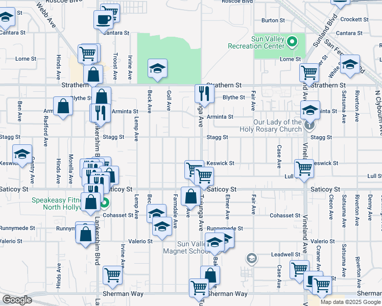 map of restaurants, bars, coffee shops, grocery stores, and more near 7722 Kraft Avenue in Los Angeles