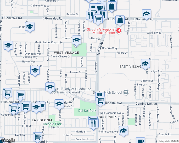 map of restaurants, bars, coffee shops, grocery stores, and more near 1632 Lola Way in Oxnard