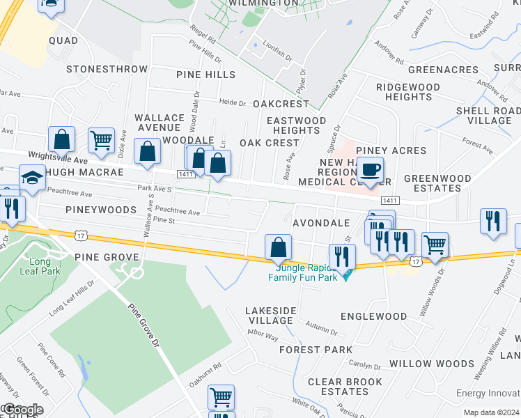 map of restaurants, bars, coffee shops, grocery stores, and more near 5109 Belgrave Circle in Wilmington