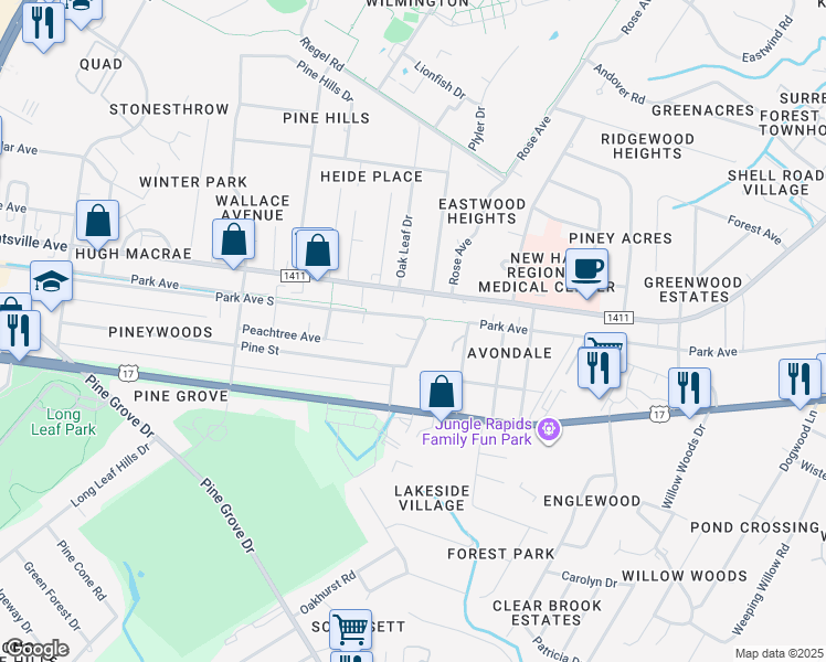 map of restaurants, bars, coffee shops, grocery stores, and more near 5109 Belgrave Circle in Wilmington