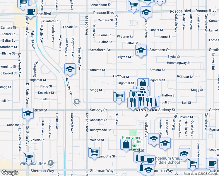 map of restaurants, bars, coffee shops, grocery stores, and more near 20329 Stagg Street in Los Angeles