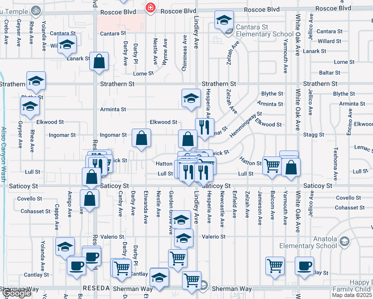 map of restaurants, bars, coffee shops, grocery stores, and more near 7728 Chimineas Avenue in Los Angeles