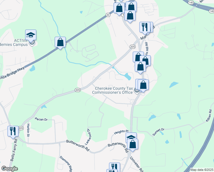 map of restaurants, bars, coffee shops, grocery stores, and more near 253 Woodland Way in Canton