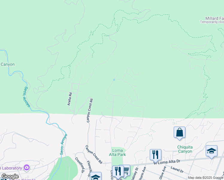 map of restaurants, bars, coffee shops, grocery stores, and more near 816 Millard Canyon Road in Altadena