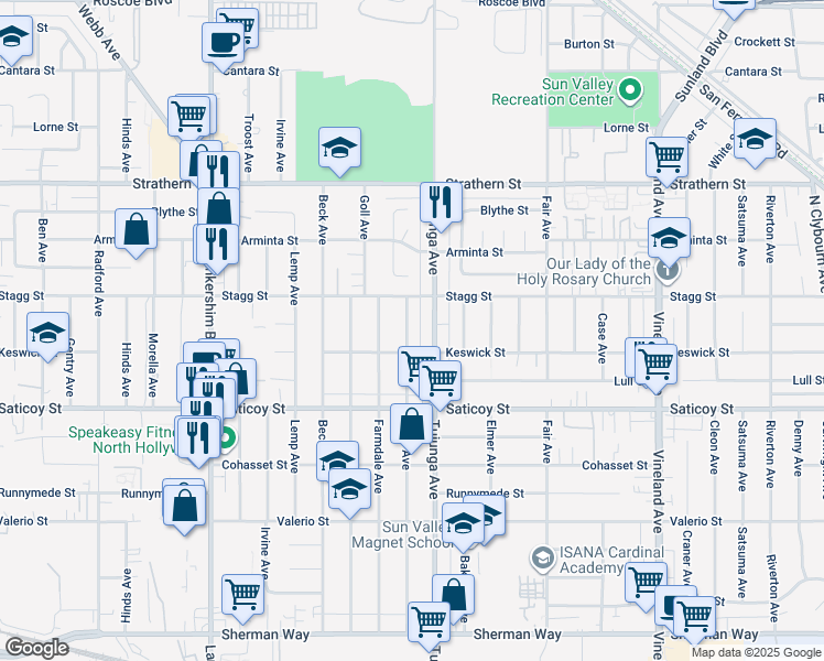 map of restaurants, bars, coffee shops, grocery stores, and more near 7722 Kraft Avenue in Los Angeles