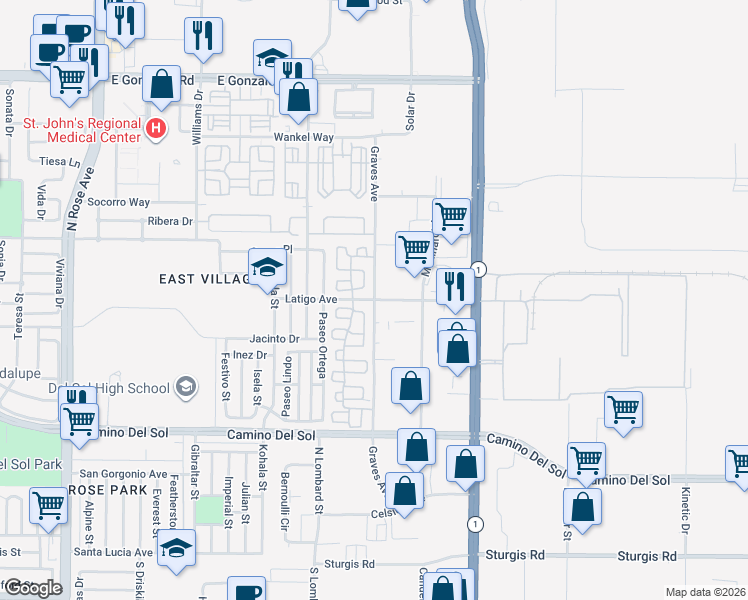map of restaurants, bars, coffee shops, grocery stores, and more near 2300 Latigo Avenue in Oxnard