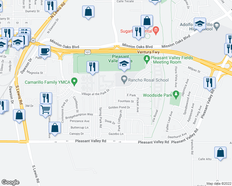 map of restaurants, bars, coffee shops, grocery stores, and more near 296 Brister Park Court in Camarillo