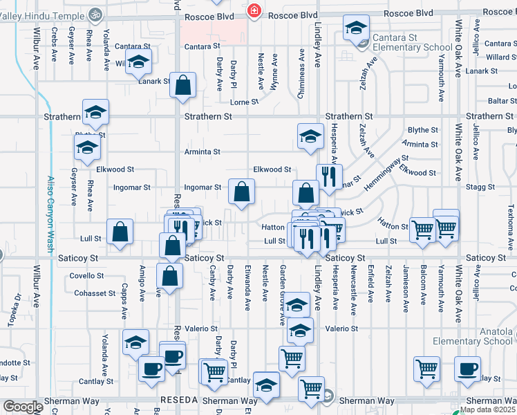map of restaurants, bars, coffee shops, grocery stores, and more near 7725 Nestle Avenue in Los Angeles