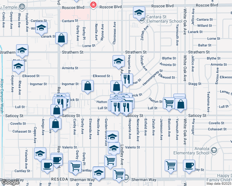 map of restaurants, bars, coffee shops, grocery stores, and more near 7728 Chimineas Avenue in Los Angeles