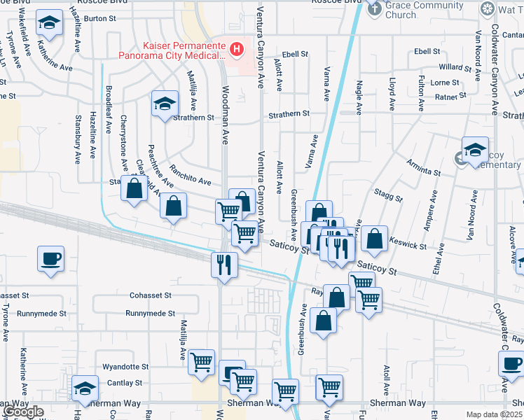 map of restaurants, bars, coffee shops, grocery stores, and more near 7719 Allott Avenue in Los Angeles
