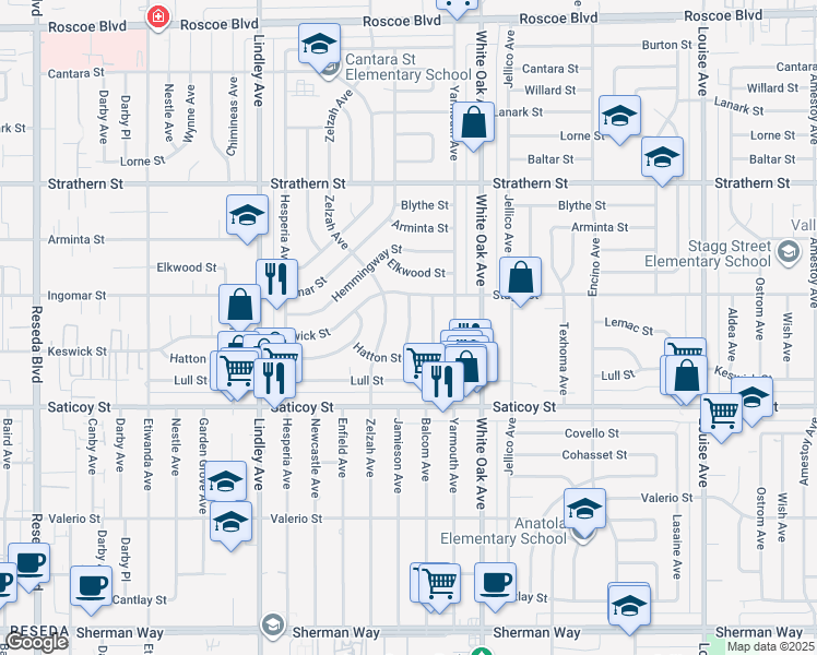 map of restaurants, bars, coffee shops, grocery stores, and more near 7715 Balcom Avenue in Los Angeles