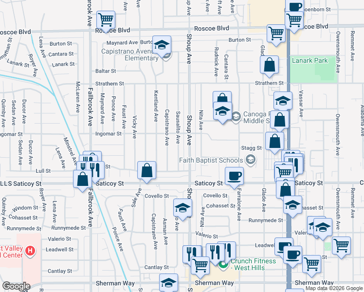 map of restaurants, bars, coffee shops, grocery stores, and more near 7710 Sausalito Avenue in Los Angeles
