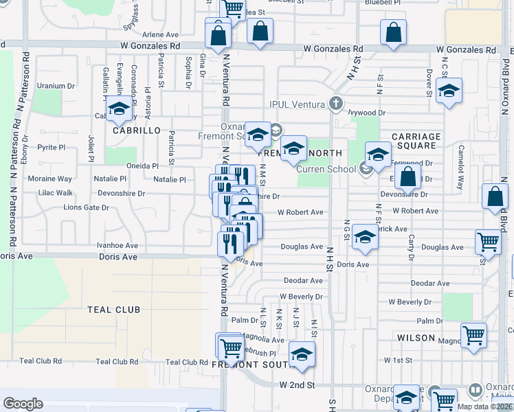 map of restaurants, bars, coffee shops, grocery stores, and more near 836 North Ventura Road in Oxnard