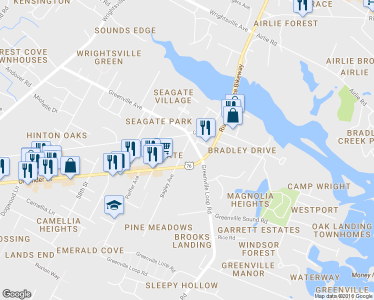 map of restaurants, bars, coffee shops, grocery stores, and more near 6115 Oleander Drive in Wilmington