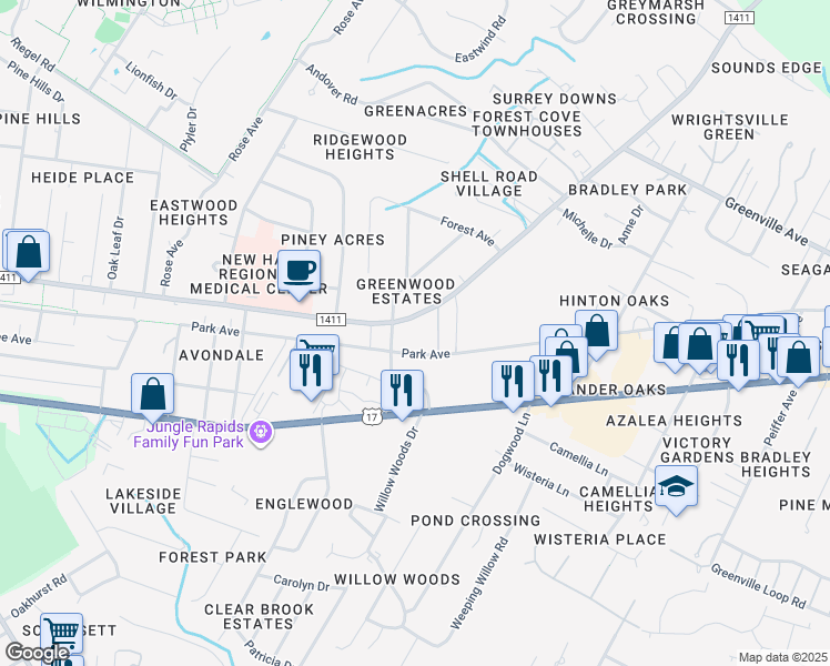 map of restaurants, bars, coffee shops, grocery stores, and more near 5431-5499 River to the Sea Bikeway in Wilmington