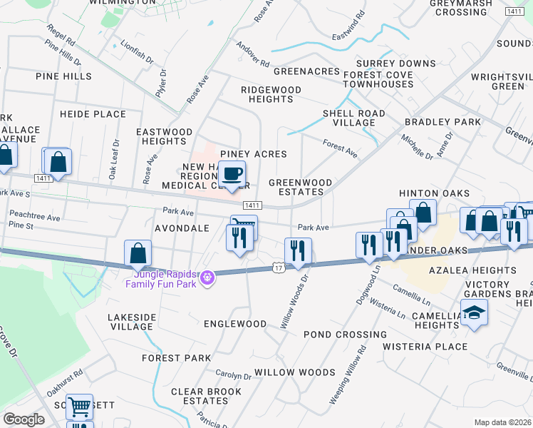 map of restaurants, bars, coffee shops, grocery stores, and more near 5415 Park Avenue in Wilmington