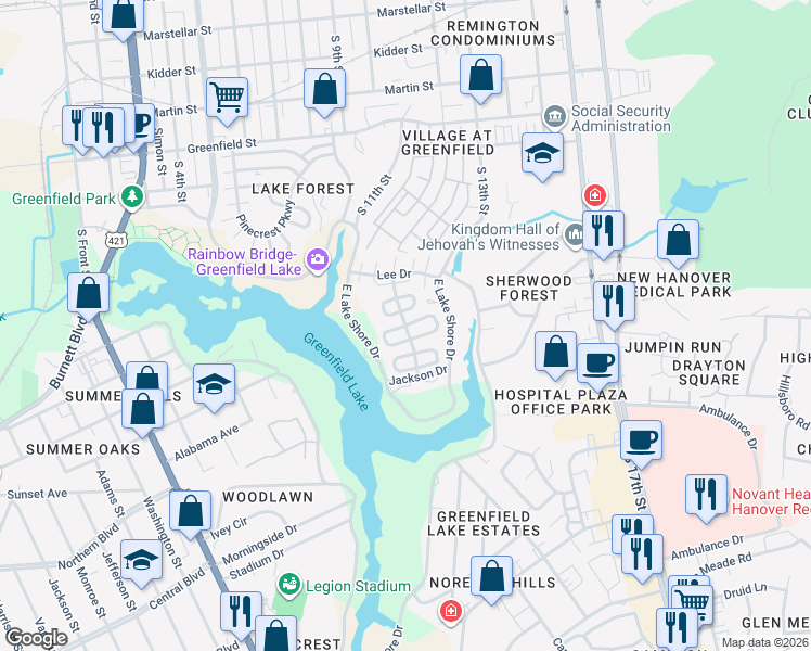 map of restaurants, bars, coffee shops, grocery stores, and more near 151-199 Lake Forest Parkway in Wilmington