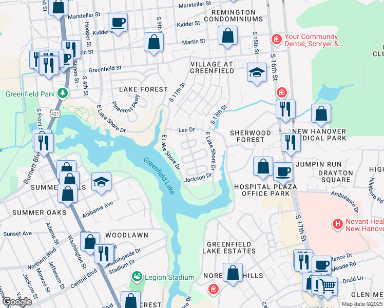 map of restaurants, bars, coffee shops, grocery stores, and more near 138 Lake Forest Parkway in Wilmington