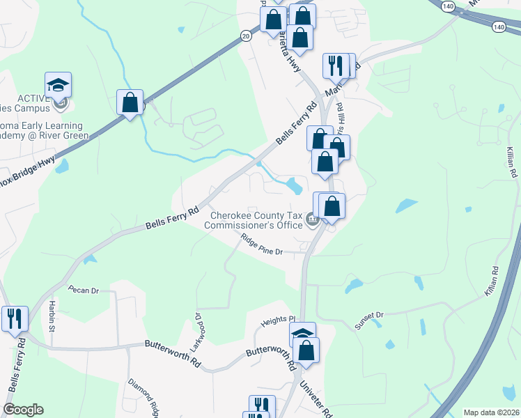 map of restaurants, bars, coffee shops, grocery stores, and more near 228 Woodland Way in Canton