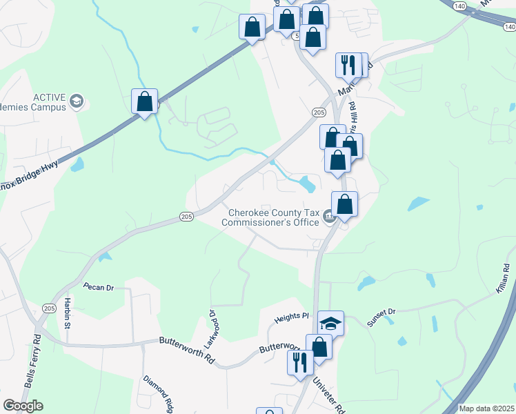 map of restaurants, bars, coffee shops, grocery stores, and more near 253 Woodland Way in Canton