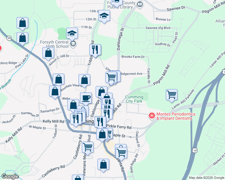 map of restaurants, bars, coffee shops, grocery stores, and more near 327 Dahlonega Street in Cumming