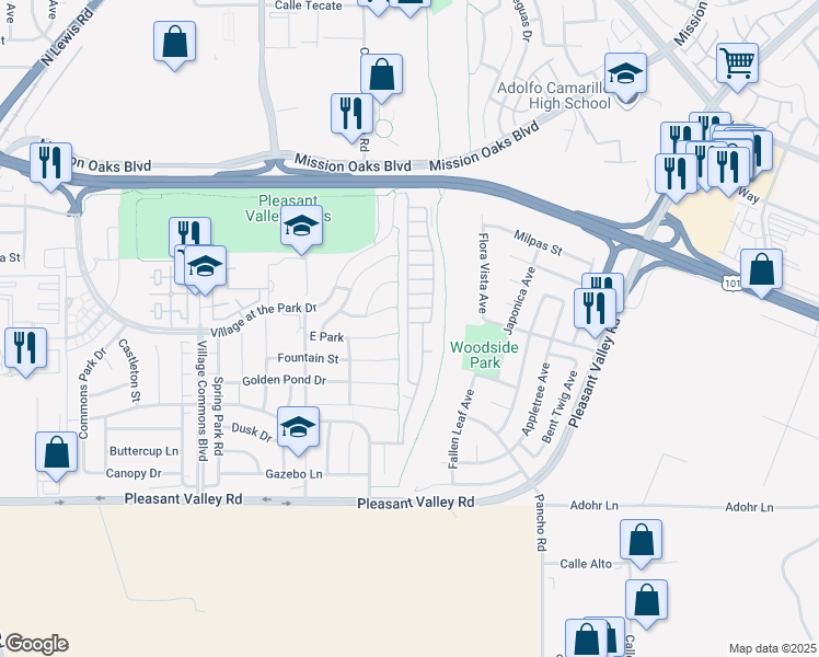 map of restaurants, bars, coffee shops, grocery stores, and more near 2 Camarillo Street in Camarillo