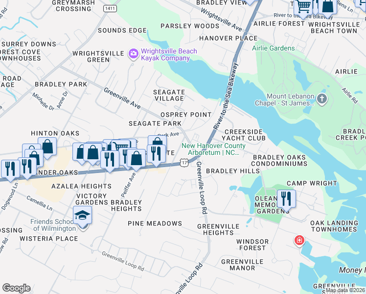 map of restaurants, bars, coffee shops, grocery stores, and more near 6115 Oleander Drive in Wilmington